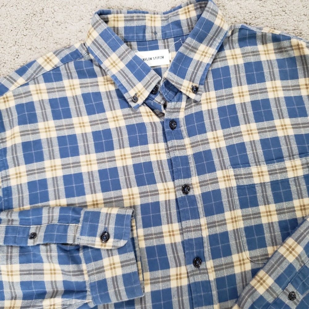 Taylor Stitch Shirt Men 46 2XL Brushed Blue Tan Plaid Jack In Brushed Flannel
